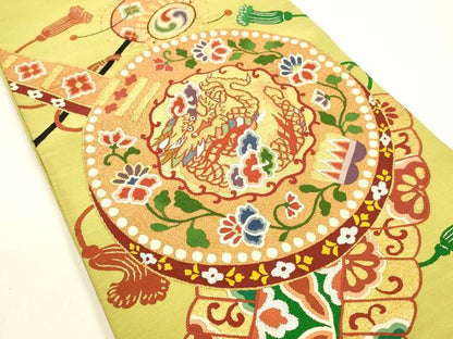 平和屋着物●爪掻き本綴れ 太鼓柄袋帯 草花楽器龍文 金糸 正絹 逸品 DAAZ4081cm
