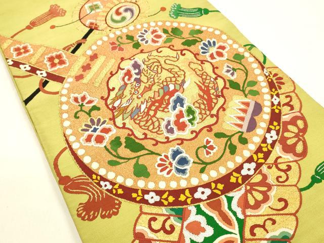 平和屋着物●爪掻き本綴れ 太鼓柄袋帯 草花楽器龍文 金糸 正絹 逸品 DAAZ4081cm