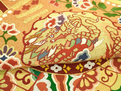 平和屋着物●爪掻き本綴れ 太鼓柄袋帯 草花楽器龍文 金糸 正絹 逸品 DAAZ4081cm