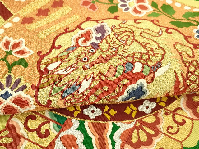 平和屋着物●爪掻き本綴れ 太鼓柄袋帯 草花楽器龍文 金糸 正絹 逸品 DAAZ4081cm