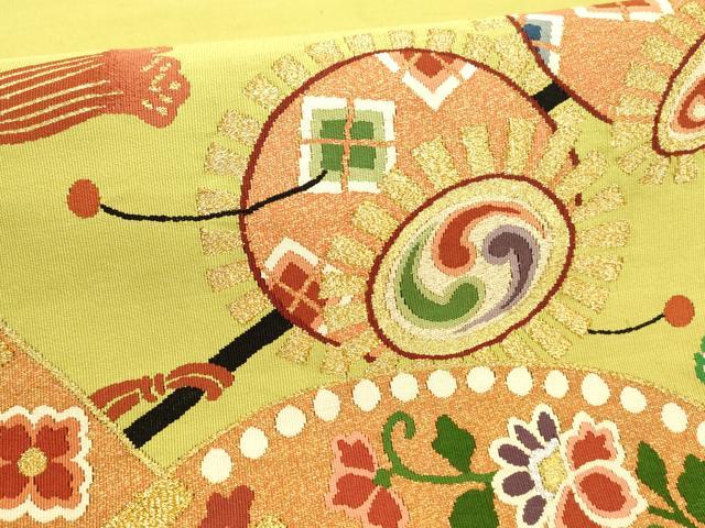 平和屋着物●爪掻き本綴れ 太鼓柄袋帯 草花楽器龍文 金糸 正絹 逸品 DAAZ4081cm