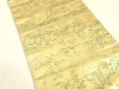 平和屋着物●全通前景柄袋帯 二十四金引箔二重織 鳥獣人物戯画全通絵巻 正絹 逸品 DAAZ4092cm