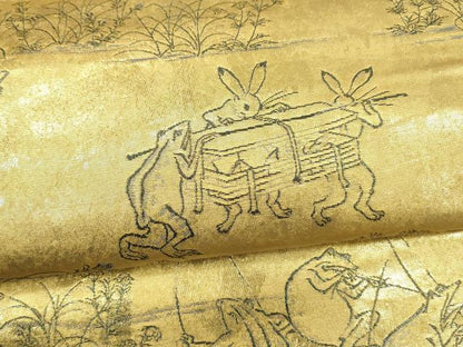 平和屋着物●全通前景柄袋帯 二十四金引箔二重織 鳥獣人物戯画全通絵巻 正絹 逸品 DAAZ4092cm