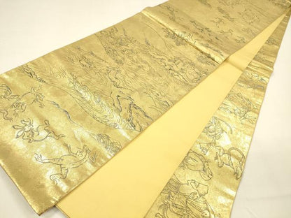 平和屋着物●全通前景柄袋帯 二十四金引箔二重織 鳥獣人物戯画全通絵巻 正絹 逸品 DAAZ4092cm