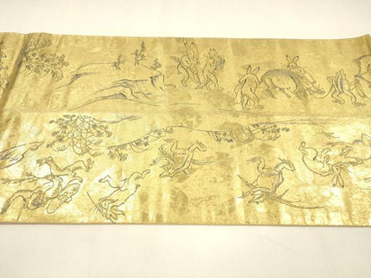 平和屋着物●全通前景柄袋帯 二十四金引箔二重織 鳥獣人物戯画全通絵巻 正絹 逸品 DAAZ4092cm