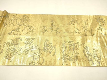 平和屋着物●全通前景柄袋帯 二十四金引箔二重織 鳥獣人物戯画全通絵巻 正絹 逸品 DAAZ4092cm