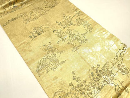 平和屋着物●全通前景柄袋帯 二十四金引箔二重織 鳥獣人物戯画全通絵巻 正絹 逸品 DAAZ4092cm