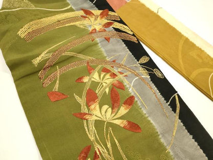 平和屋着物●アンティーク　大正ロマン　九寸名古屋帯　駒刺繍　草花文　金彩　正絹　逸品　DAAZ4170cm