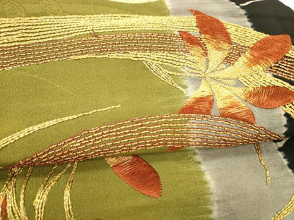 平和屋着物●アンティーク　大正ロマン　九寸名古屋帯　駒刺繍　草花文　金彩　正絹　逸品　DAAZ4170cm