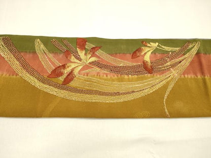 平和屋着物●アンティーク　大正ロマン　九寸名古屋帯　駒刺繍　草花文　金彩　正絹　逸品　DAAZ4170cm