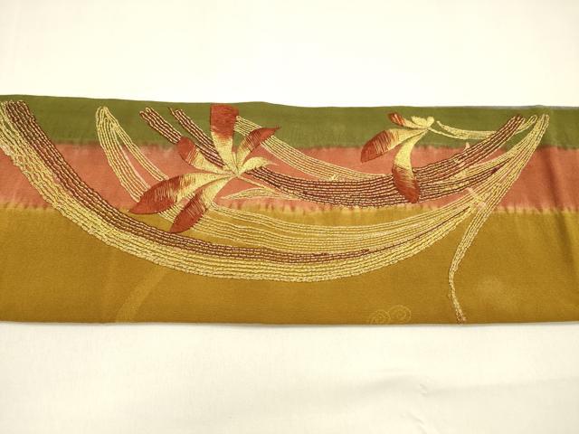 平和屋着物●アンティーク　大正ロマン　九寸名古屋帯　駒刺繍　草花文　金彩　正絹　逸品　DAAZ4170cm