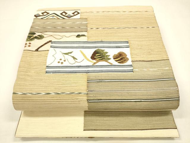平和屋着物▽スリーシーズン 春夏秋 両面 太鼓柄袋帯 すくい織 枝葉文 抽象間道 金糸 正絹 逸品 DAAZ4171cm