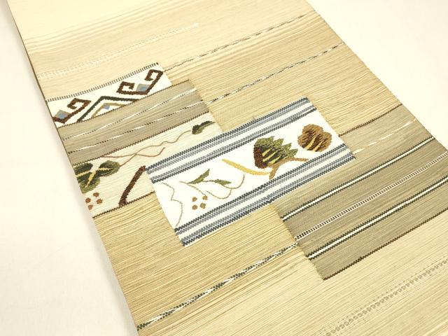 平和屋着物▽スリーシーズン 春夏秋 両面 太鼓柄袋帯 すくい織 枝葉文 抽象間道 金糸 正絹 逸品 DAAZ4171cm