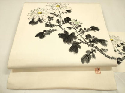 平和屋着物●塩瀬　九寸名古屋帯　作家物　手描き　枝菊文　正絹　逸品　DAAZ4207cm