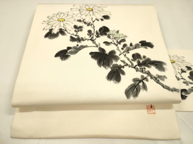 平和屋着物●塩瀬　九寸名古屋帯　作家物　手描き　枝菊文　正絹　逸品　DAAZ4207cm