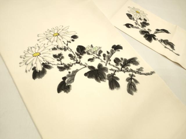 平和屋着物●塩瀬　九寸名古屋帯　作家物　手描き　枝菊文　正絹　逸品　DAAZ4207cm