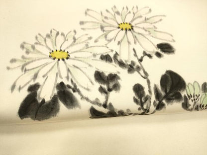 平和屋着物●塩瀬　九寸名古屋帯　作家物　手描き　枝菊文　正絹　逸品　DAAZ4207cm