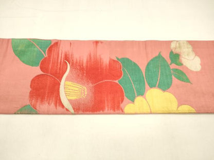 平和屋着物●アンティーク　大正ロマン　九寸名古屋帯　唐織　椿　正絹　逸品　DAAZ4209cm