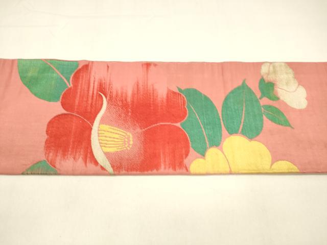 平和屋着物●アンティーク　大正ロマン　九寸名古屋帯　唐織　椿　正絹　逸品　DAAZ4209cm