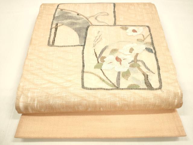 平和屋着物▽スリーシーズン 春夏秋 太鼓柄袋帯 すくい織 枝花文 銀糸 正絹 逸品 DAAZ4219cm