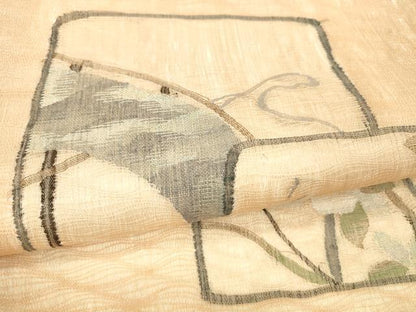 平和屋着物▽スリーシーズン 春夏秋 太鼓柄袋帯 すくい織 枝花文 銀糸 正絹 逸品 DAAZ4219cm