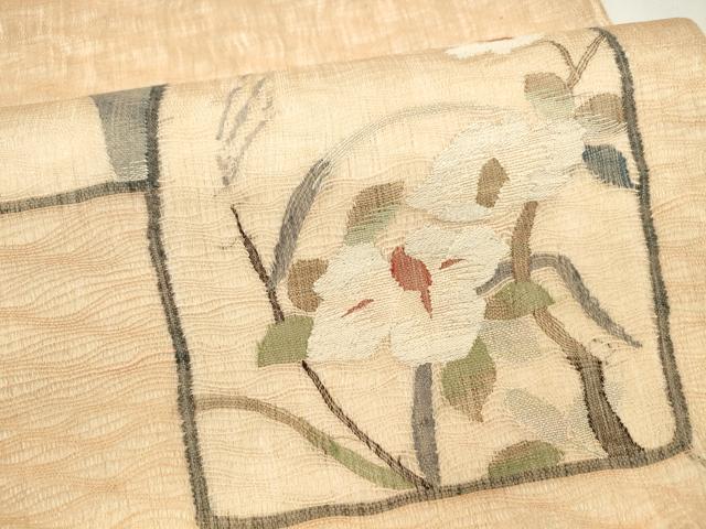 平和屋着物▽スリーシーズン 春夏秋 太鼓柄袋帯 すくい織 枝花文 銀糸 正絹 逸品 DAAZ4219cm