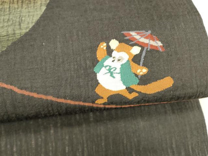 平和屋着物＊夏物　九寸名古屋帯　狸　番傘　満月　黒地　正絹　逸品　DAAZ4240cm