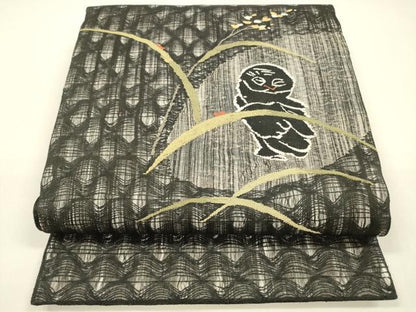 平和屋着物＊夏物 太鼓柄袋帯 草葉文 梟 黒地 正絹 逸品 DAAZ4255cm