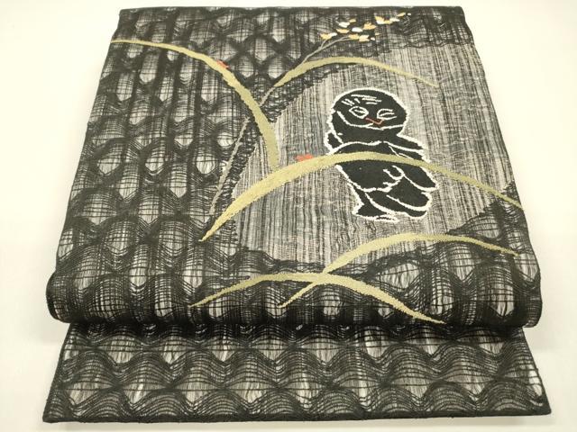 平和屋着物＊夏物 太鼓柄袋帯 草葉文 梟 黒地 正絹 逸品 DAAZ4255cm