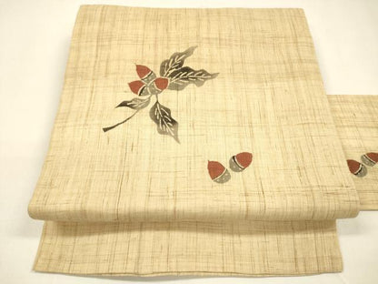 平和屋着物＊人間国宝 芹沢圭介一番弟子 下平清人 夏物 九寸名古屋帯 手描き どんぐり 麻 逸品 DAAZ4259cm