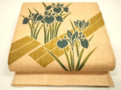 平和屋着物＊夏物 太鼓柄袋帯 作家物 型染 杜若 麻 逸品 DAAZ4264cm