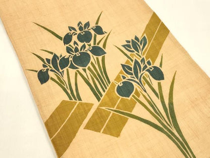 平和屋着物＊夏物 太鼓柄袋帯 作家物 型染 杜若 麻 逸品 DAAZ4264cm