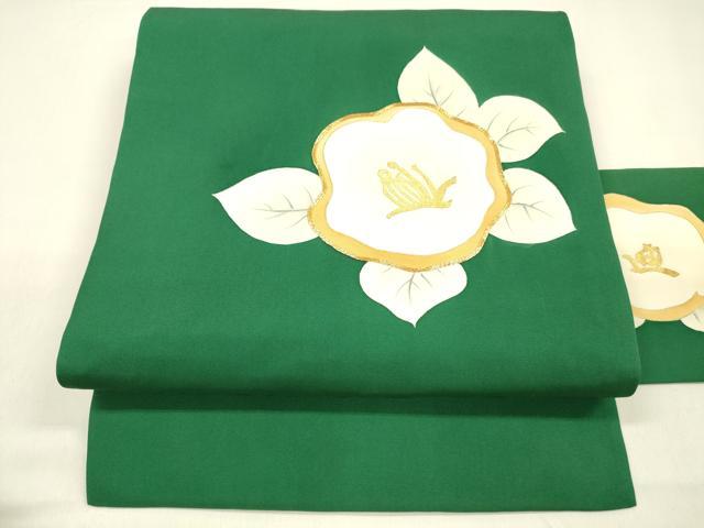 平和屋着物●塩瀬 九寸名古屋帯 手描き 駒刺繍 草花文 金彩 正絹 逸品 DAAZ4293cm