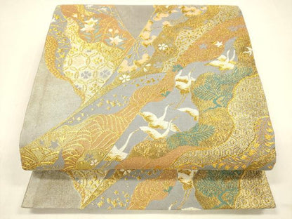 平和屋着物●六通柄袋帯　飛鶴草花文　金銀糸　正絹　逸品　DAAZ4294cm