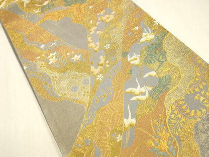 平和屋着物●六通柄袋帯　飛鶴草花文　金銀糸　正絹　逸品　DAAZ4294cm