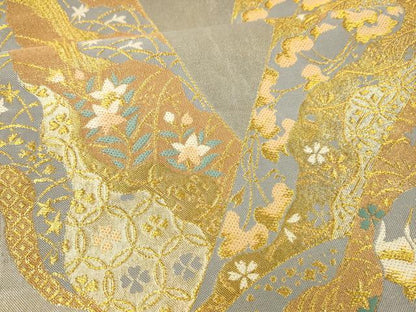 平和屋着物●六通柄袋帯　飛鶴草花文　金銀糸　正絹　逸品　DAAZ4294cm