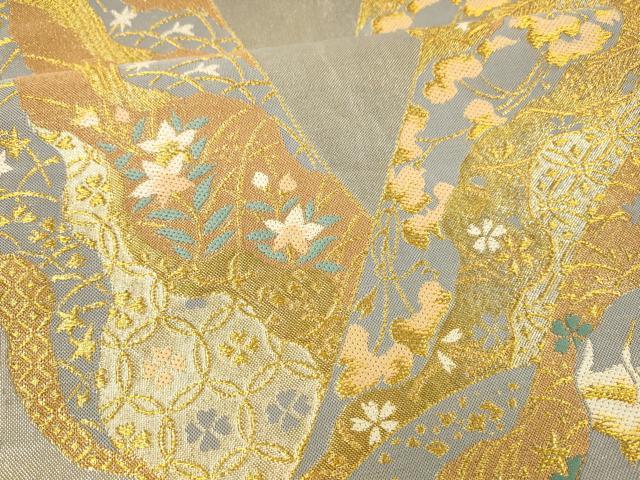 平和屋着物●六通柄袋帯　飛鶴草花文　金銀糸　正絹　逸品　DAAZ4294cm