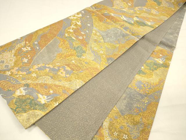 平和屋着物●六通柄袋帯　飛鶴草花文　金銀糸　正絹　逸品　DAAZ4294cm