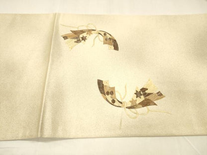 平和屋着物●みのむし工芸作家 草苑白水 太鼓柄袋帯 束ね熨斗草花文 正絹 逸品 DAAZ4315cm