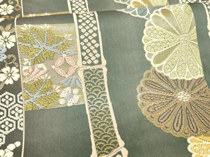 平和屋着物●六通柄袋帯 麗粋唐織 鹿の子花間道 金糸 正絹 逸品 DAAZ4329cm