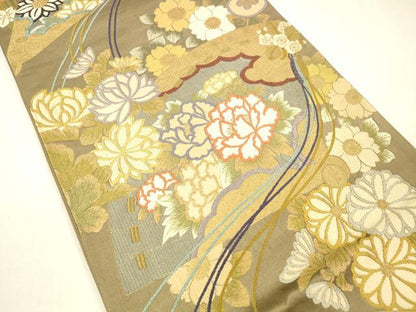 平和屋着物●六通柄袋帯　唐織　四季扇面文　金糸　正絹　逸品　DAAZ4350cm