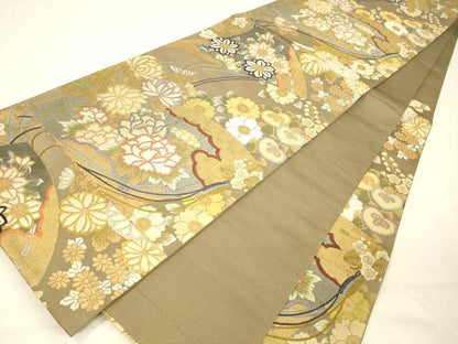 平和屋着物●六通柄袋帯　唐織　四季扇面文　金糸　正絹　逸品　DAAZ4350cm
