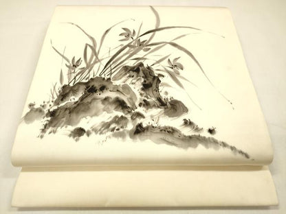 平和屋着物●塩瀬 九寸開き名古屋帯 手描き 草花文 正絹 逸品 DAAZ4354cm