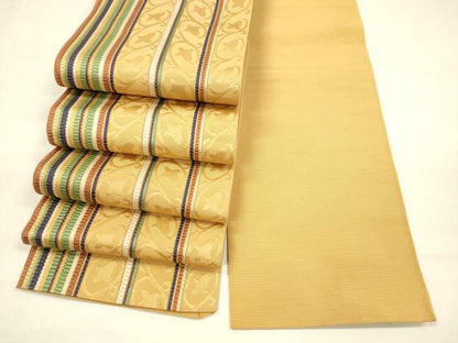 平和屋着物●本場筑前博多織　半幅帯　枝花間道　正絹　逸品　DAAZ4384cm