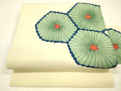 平和屋着物●九寸名古屋帯 型染 舞葉文 鬼しぼ縮緬 正絹 逸品 DAAZ4414cm