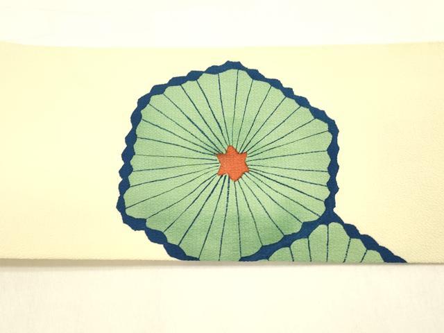 平和屋着物●九寸名古屋帯 型染 舞葉文 鬼しぼ縮緬 正絹 逸品 DAAZ4414cm
