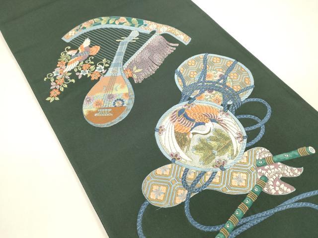 平和屋着物●六通柄袋帯 唐織 能衣遊華織 飛鶴楽器花鳥文 革色 金糸 正絹 逸品 DAAZ4427cm
