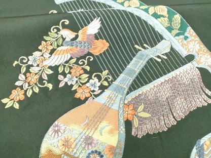 平和屋着物●六通柄袋帯 唐織 能衣遊華織 飛鶴楽器花鳥文 革色 金糸 正絹 逸品 DAAZ4427cm