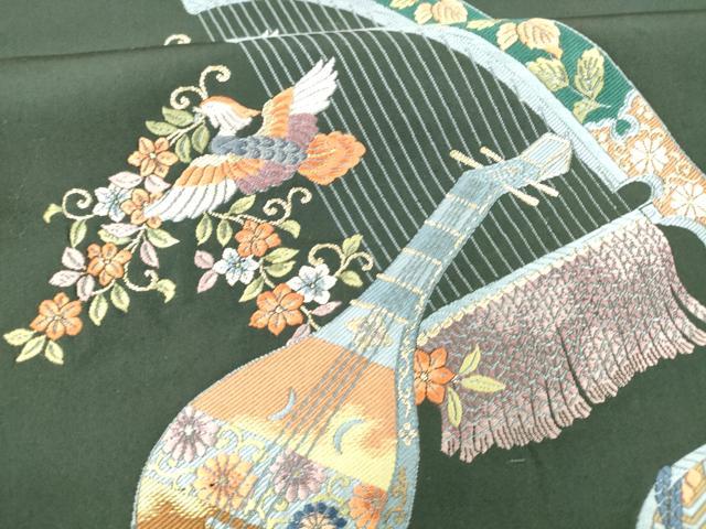 平和屋着物●六通柄袋帯 唐織 能衣遊華織 飛鶴楽器花鳥文 革色 金糸 正絹 逸品 DAAZ4427cm