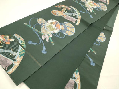 平和屋着物●六通柄袋帯 唐織 能衣遊華織 飛鶴楽器花鳥文 革色 金糸 正絹 逸品 DAAZ4427cm